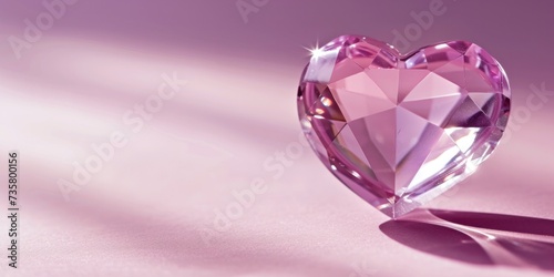 Luxurious jewelry, crystal heart on pink purple background with copy space.