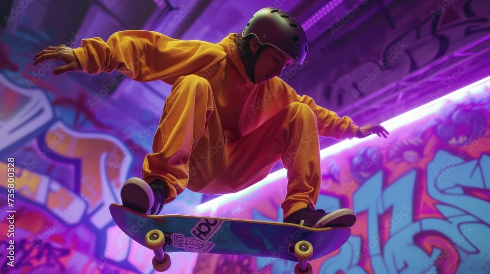 Fototapeta premium Skate park summer spectacle, tricksters clad in neon against electric graffiti