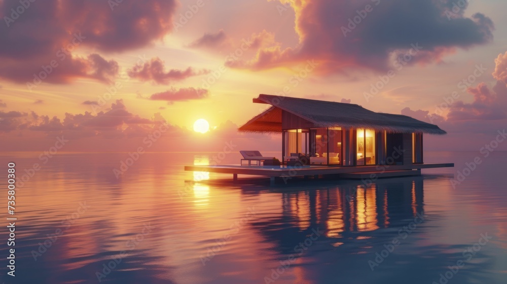 Bungalow bliss at sunset, where summer paints the sky in tranquil hues Bungalow bliss at sunset, where summer paints the sky in tranquil hues