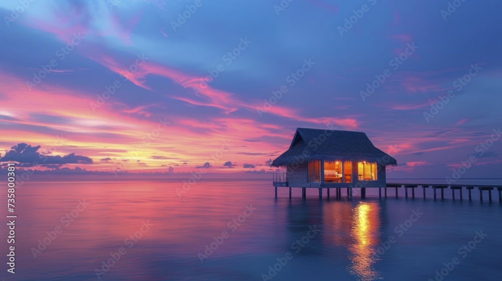 Vacation serenity in an overwater bungalow, as summer hues fill the sunset sky