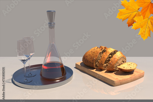 Wine bottle with glass and toast on wooden tray. photo
