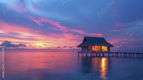 Vacation serenity in an overwater bungalow, as summer hues fill the sunset sky