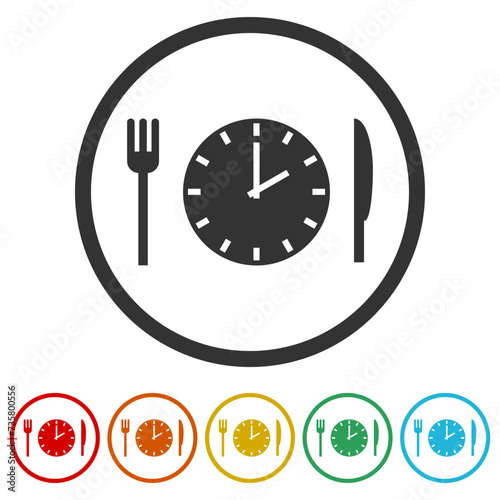 Lunch time icon. Set icons in color circle buttons