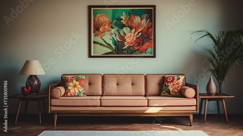 living room interior with sofa and wooden frame with flowers pictures on the wall © Revane