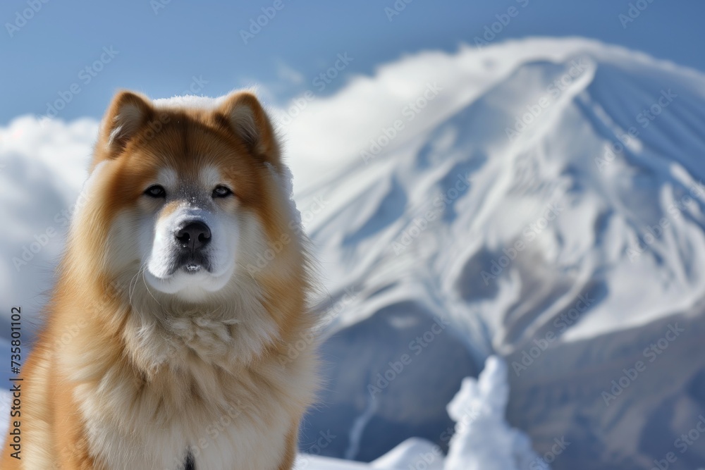 akita posing with snowcovered mount fuji akita posing with snowcovered mount fuji