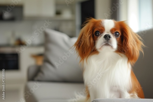 Leinwand Poster japanese chin dog in a home setting on sofa