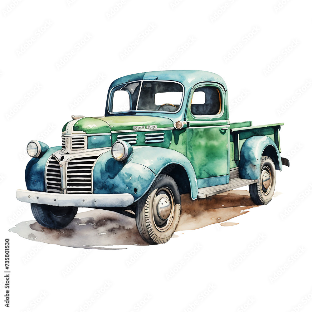 Graphic print of the car, old truck isolated on white