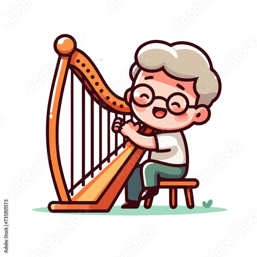 cartoon people play harp music instrument flat vector