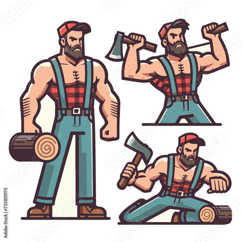 Lumberjack woodcutter outdoor CARTOON PEOPLE banners set with ax saw and fairytale woodland