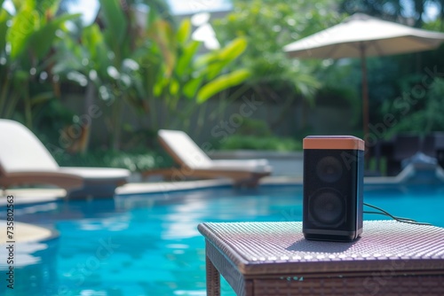 speaker on a poolside table near sun lounger