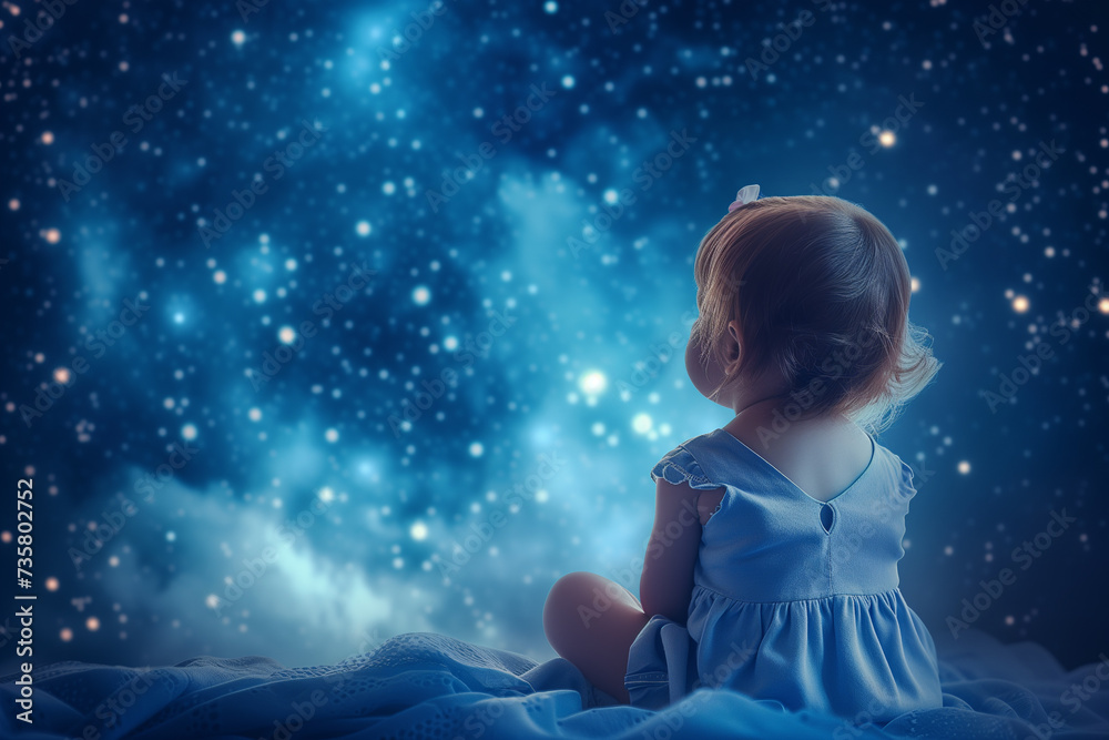 Baby gazing at the stars at night