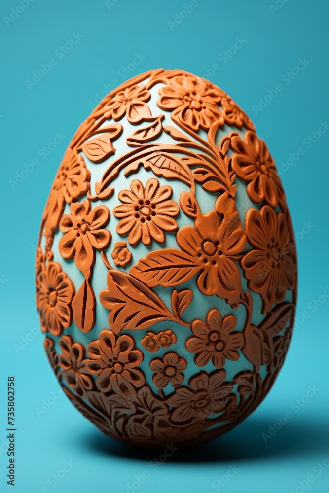 Intricately decorated easter egg against a soft monochrome pastel color studio background
