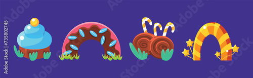 Amusement Park and Funfair Object with Sweet Pastry and Candy Vector Set