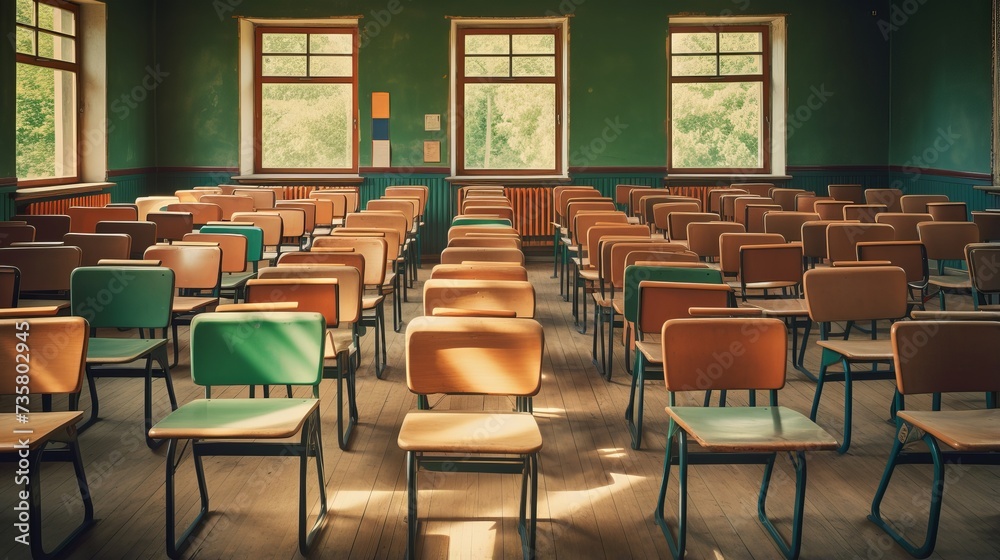 Vintage Wooden Chairs in Empty Classroom: Back to School Concept with Nostalgic Tone