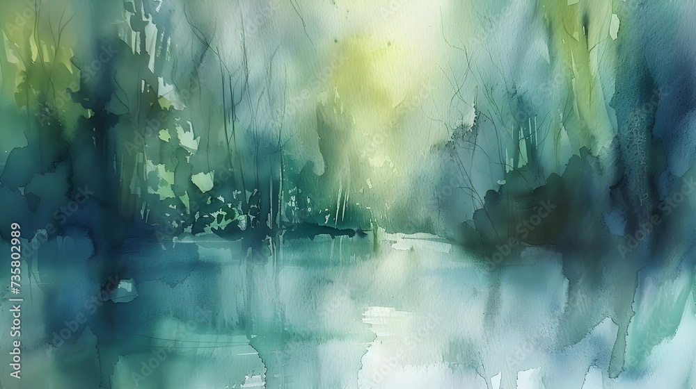 Abstract landscape painting depicting a serene forest scene in watercolor shades of green and blue.