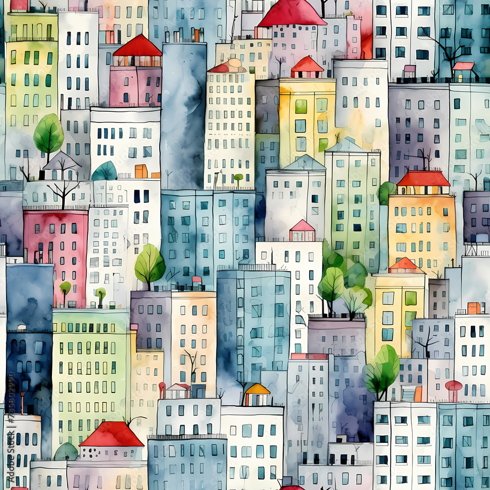Big city skyscrapers, tileable pattern, watercolor illustration.