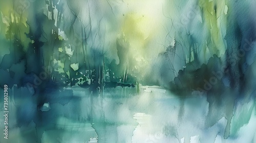 Abstract landscape painting depicting a serene forest scene in watercolor shades of green and blue.