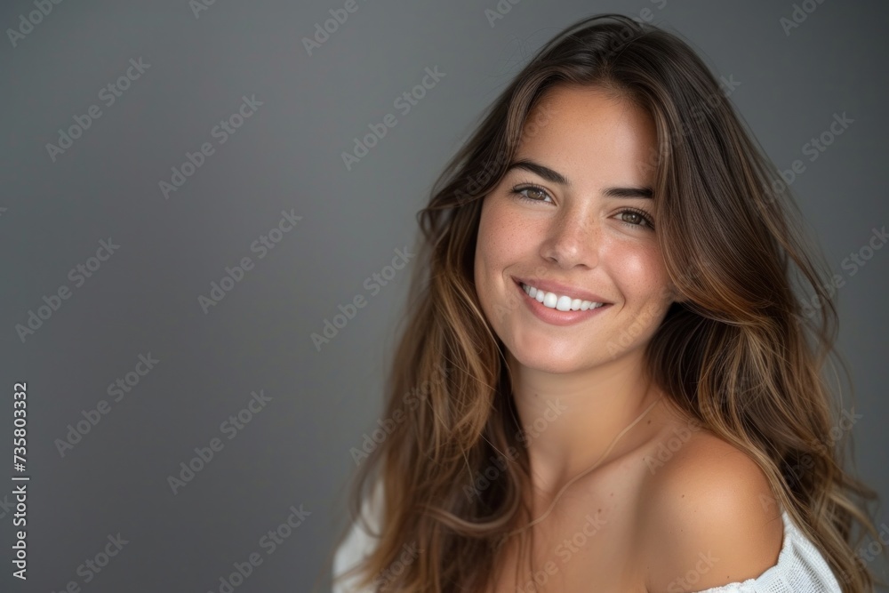 Hair care. Beauty and portrait of a happy, cheerful woman with healthy skin on a gray background. Proud of her hairstyle or treatment Hair care. Beauty and portrait of a happy, cheerful woman with healthy skin on a gray background. Proud of her hairstyle or treatment