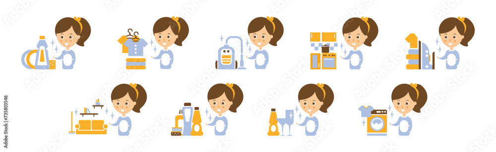 Cleanup Service with Woman and Housework Flat Icon Vector Set Cleanup Service with Woman and Housework Flat Icon Vector Set