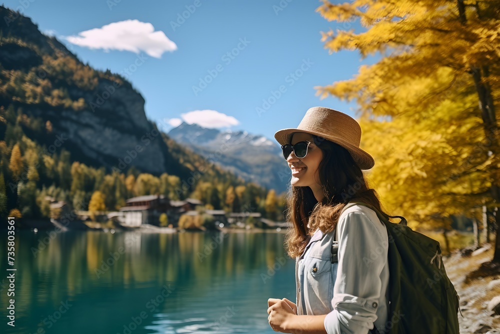 A female tourist standing by an alpine lake with trees and mountains in the background.