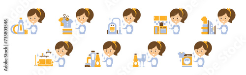 Cleanup Service with Woman and Housework Flat Icon Vector Set