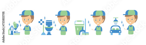 Cleanup Service with Man and Housework Flat Icon Vector Set
