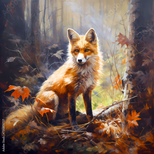 Fox in forest drawn by oil paints, colorful background