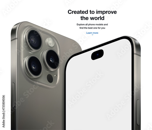 frameless grey smartphone with blank screen, front and backside view isolated on white background. realistic new mobile phone mockup. vector 3d isometric illustration