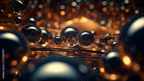 Beautiful luxury creative 3D modern abstract background consisting of black balls and spheres with light digital effect, copy space. photo