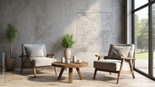 Modern living room with graffiti artwork, beige armchair, and wooden coffee table © Aliaksandra