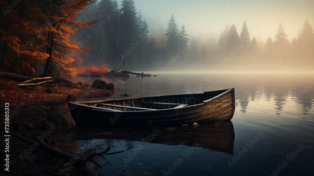 A boat sitting on the shore of a lake in a foggy setting.