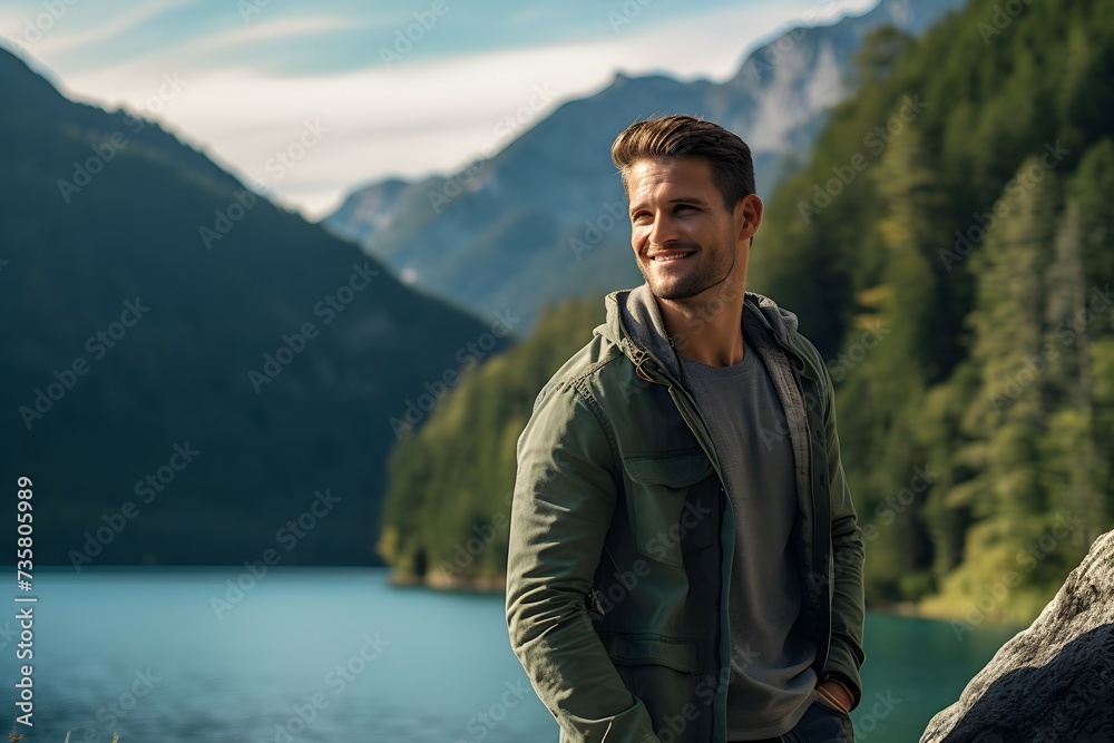 A male tourist in front of a scenic mountain lake with lush green surroundings and cloudy sky A male tourist in front of a scenic mountain lake with lush green surroundings and cloudy sky