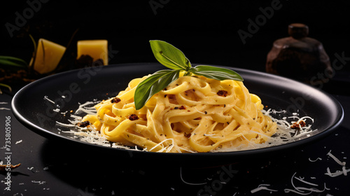 A bowl of pasta with cheese and sage on a black table.