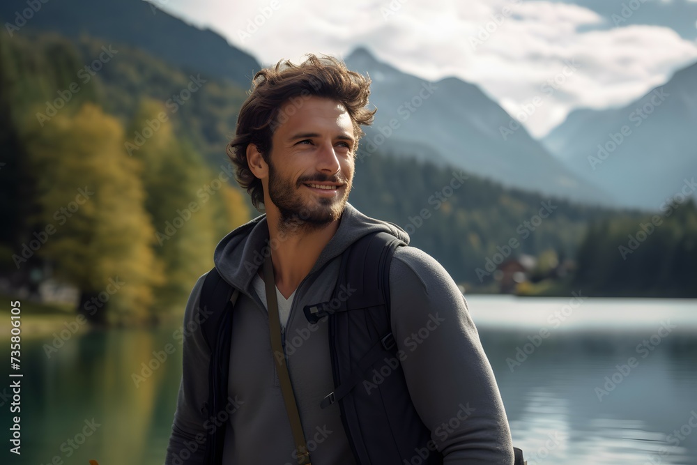 A male tourist in front of a scenic mountain lake with lush green surroundings and cloudy sky A male tourist in front of a scenic mountain lake with lush green surroundings and cloudy sky