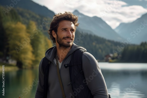 A male tourist in front of a scenic mountain lake with lush green surroundings and cloudy sky