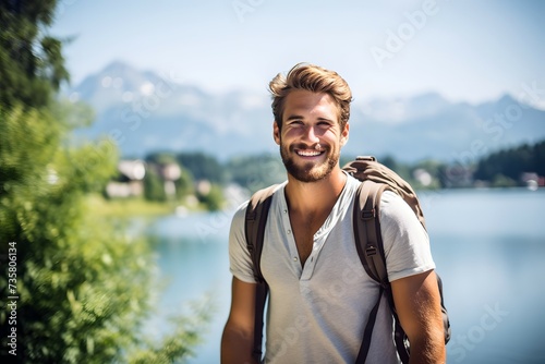 A male tourist in front of a scenic mountain lake with lush green surroundings and cloudy sky © Rax Qiu