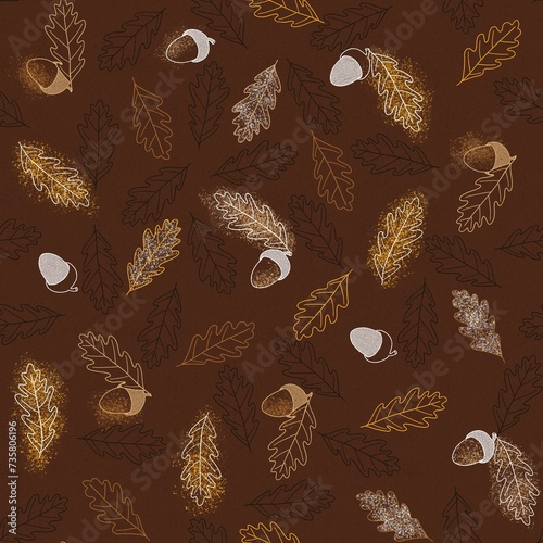 Seamless texture. Oak leaves and acorns