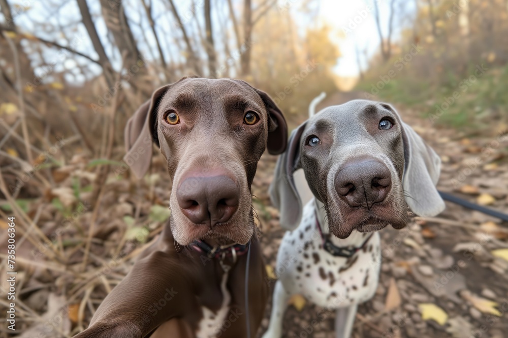 pointer and weimaraner side by side, taking a selfie after a run