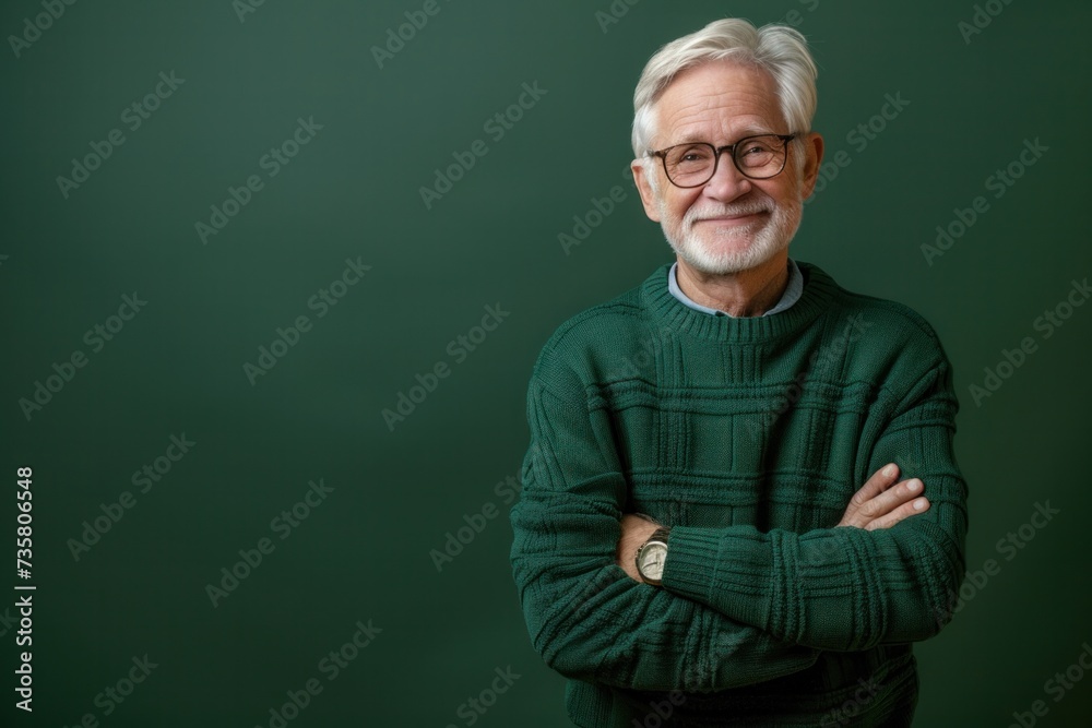 Happy smiling senior man 50-60 years old wearing green sweater with folded arms isolated on green background, with space for text Happy smiling senior man 50-60 years old wearing green sweater with folded arms isolated on green background, with space for text