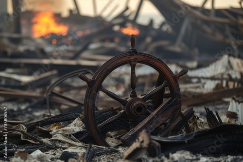 charred remains of a wooden ships wheel among the debris, fire in distance