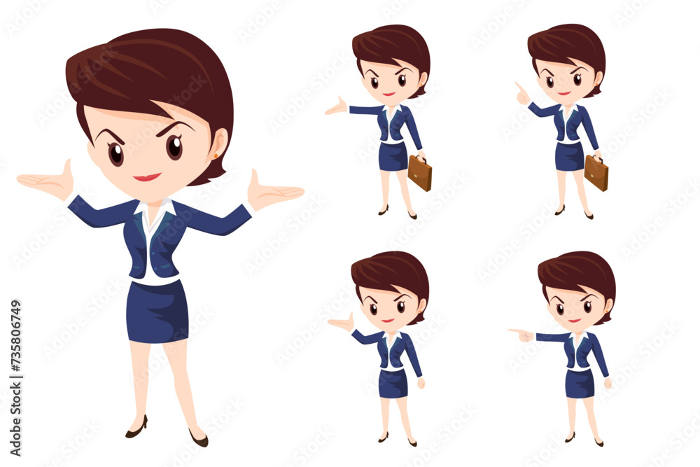 business woman or office worker character with various poses, face emotions and gestures. Talking on the phone ,present,point