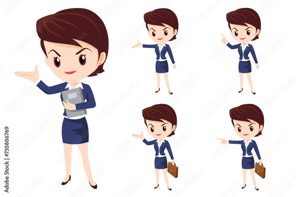 business woman or office worker character with various poses, face emotions and gestures. Talking on the phone ,present,point