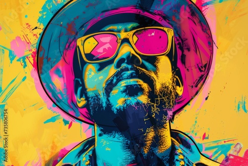 man with hat and sunglasses on colored pink and yellow background in pop art style © Marco