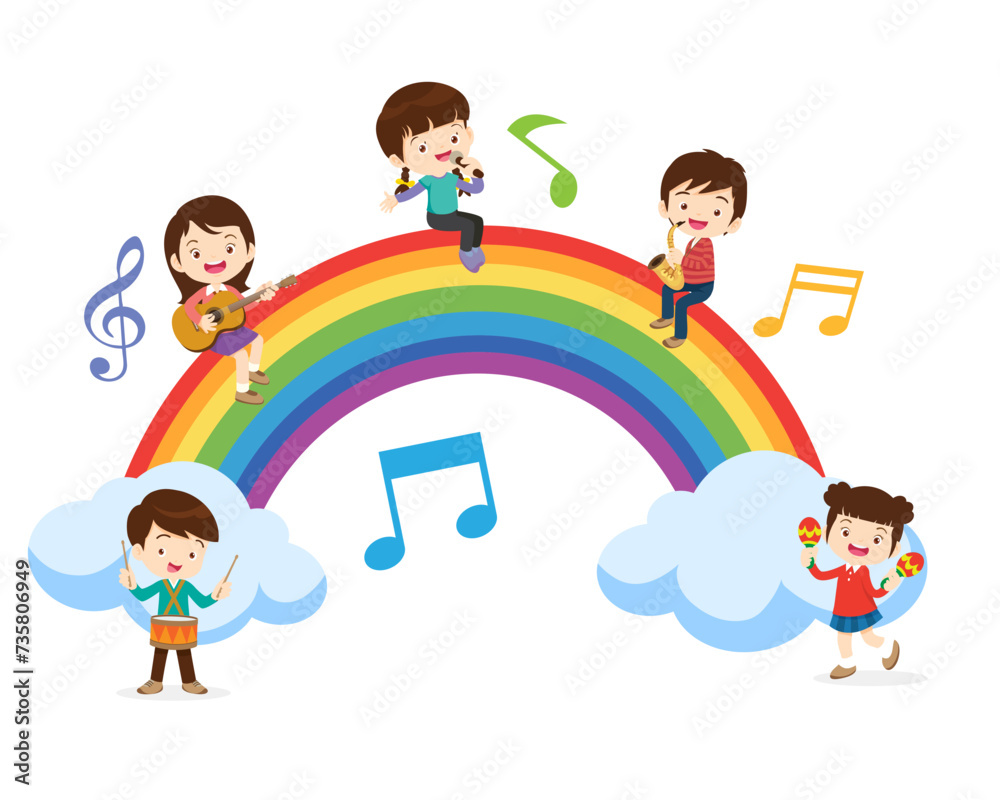 Play music concept of children group on rainbow Play music concept of children group on rainbow