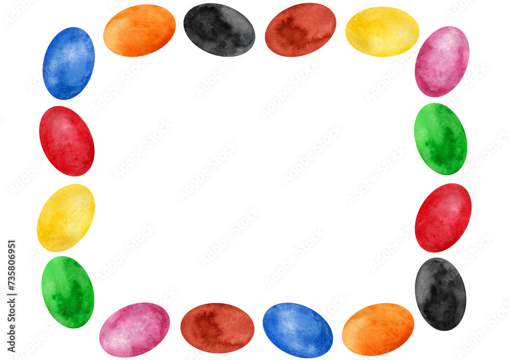 Frame of multicolored ellipses. White background and copy space. Watercolor drawing. Texture and watercolor blur are visible. Red, orange, yellow, green, blue, purple, brown, black color. Easter eggs. Frame of multicolored ellipses. White background and copy space. Watercolor drawing. Texture and watercolor blur are visible. Red, orange, yellow, green, blue, purple, brown, black color. Easter eggs.