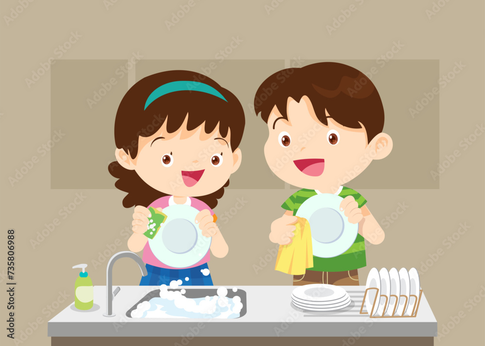 happy cute little boy and girl washing dish together happy cute little boy and girl washing dish together