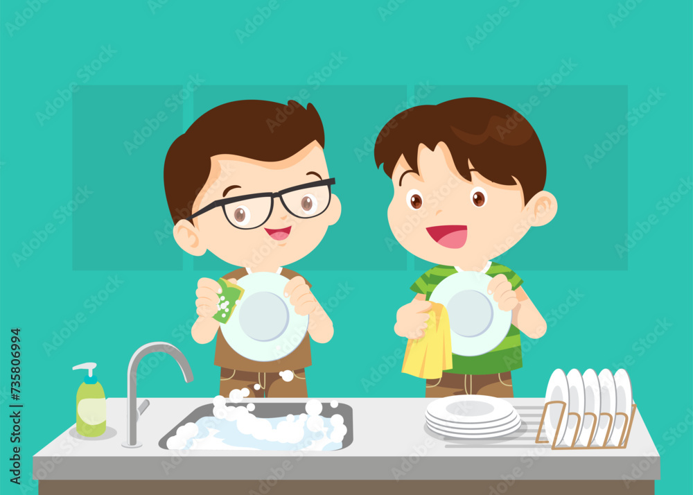happy cute little boy and girl washing dish together happy cute little boy and girl washing dish together