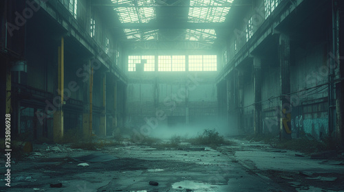 An action film set in an abandoned warehouse, staging a suspenseful showdown scene, photo