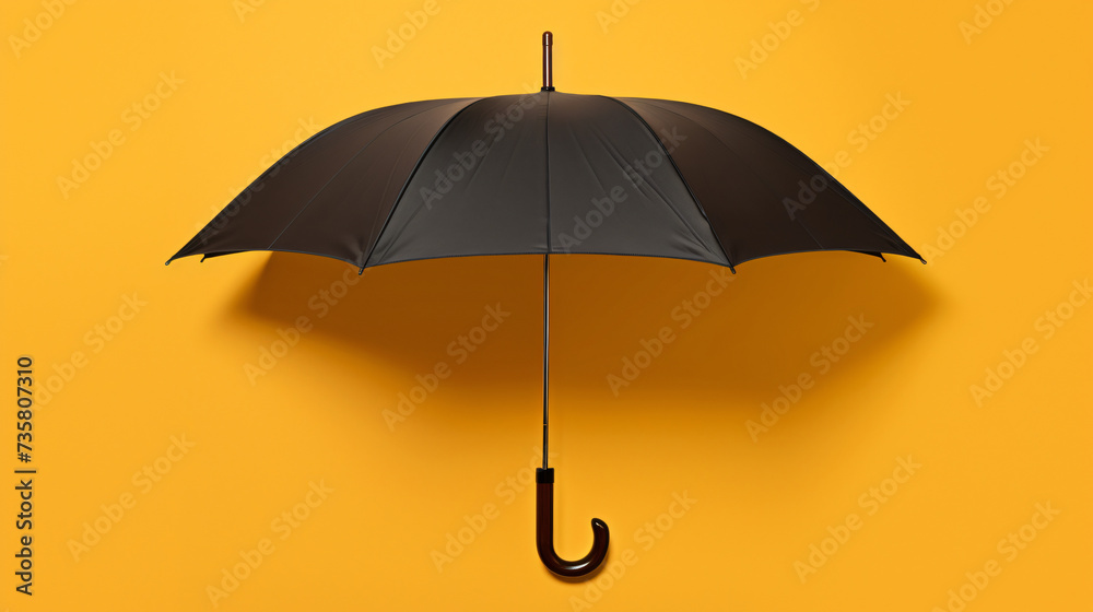A brown umbrella with a black handle on a yellow background.
