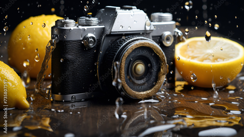 A camera surrounded by lemons on a table. - obrazy, fototapety, plakaty 